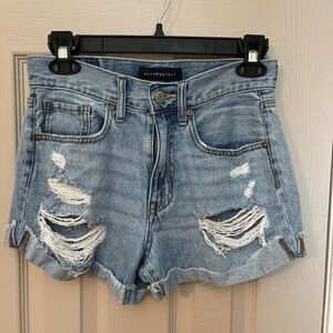 Aeropostale heavily distressed light wash 5-pocket Mom Shorts with cuffs. Size 4